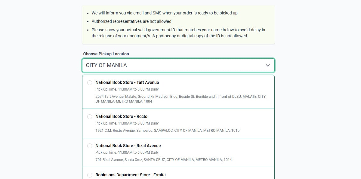 A list of available PSA certificate pickup locations, including various branches of National Book Store and Robinsons Department Store.